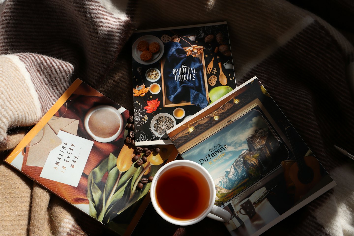 Bücher und eine Tasse Tee auf einer Wolldecke.